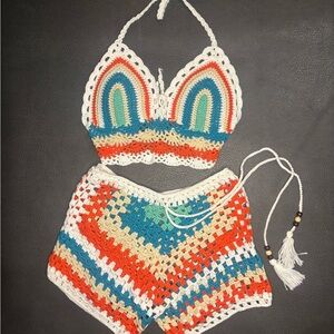 Hand crocheted women's suits Colorful striped bikini top & beach hot pants Small